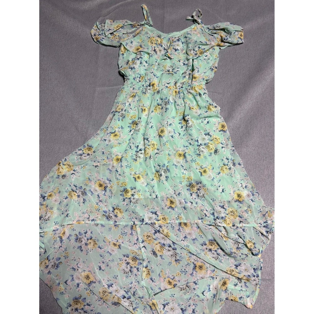As U Wish Juniors Small Green Kentucky Derby Dress Floral High Low Cold Shldr - Picture 2 of 6